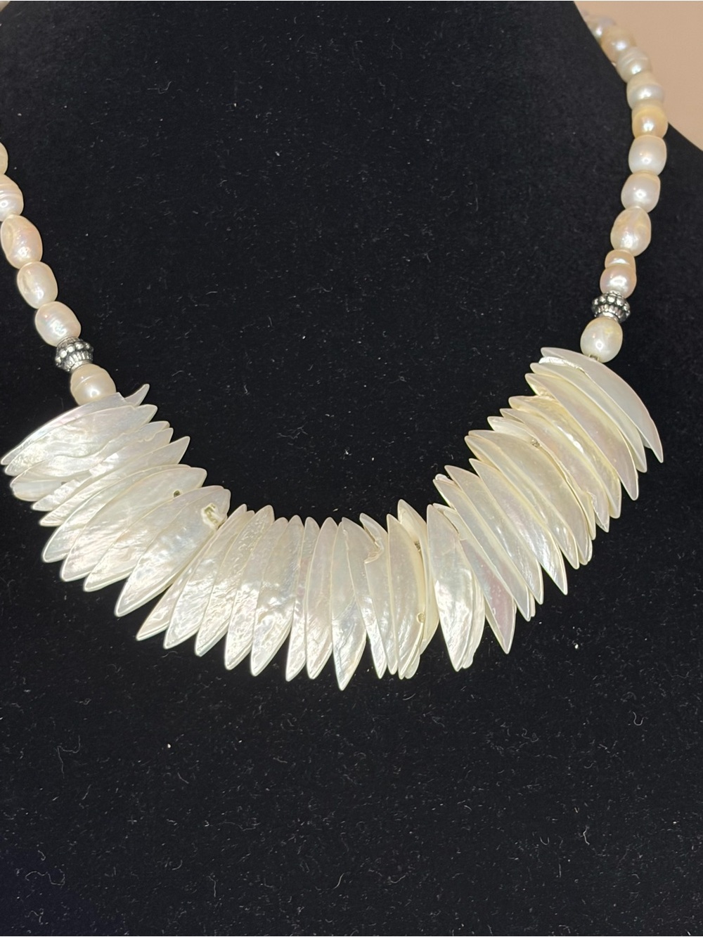Unique Mother of Pearl Fan Necklace - Cream Pearl Statement Jewelry with Brac
